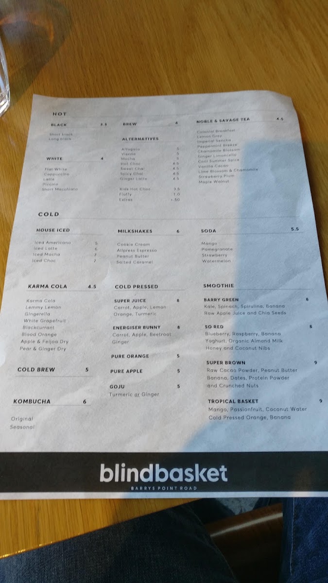 Blind Basket Cafe menu board