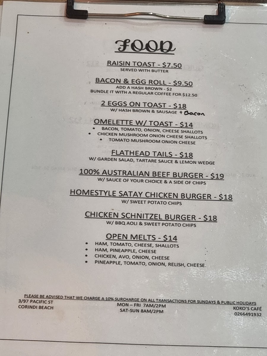 KOKO'S CAFE CORINDI BEACH menu board