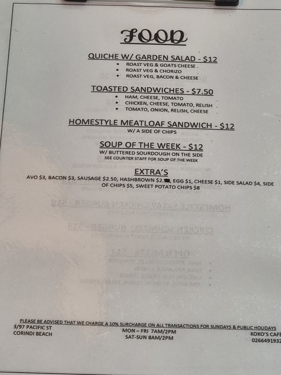 KOKO'S CAFE CORINDI BEACH menu board