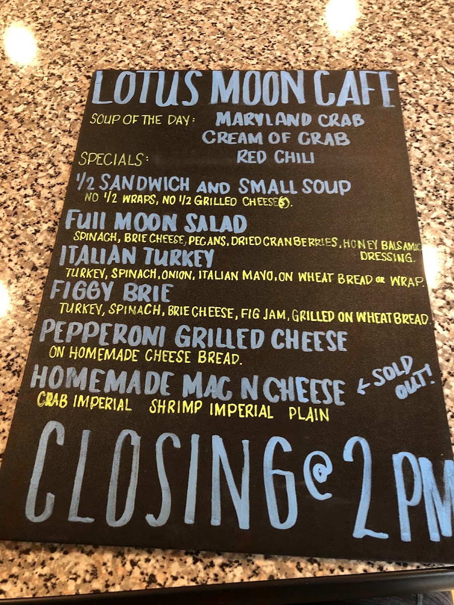 Lotus Moon Cafe menu board
