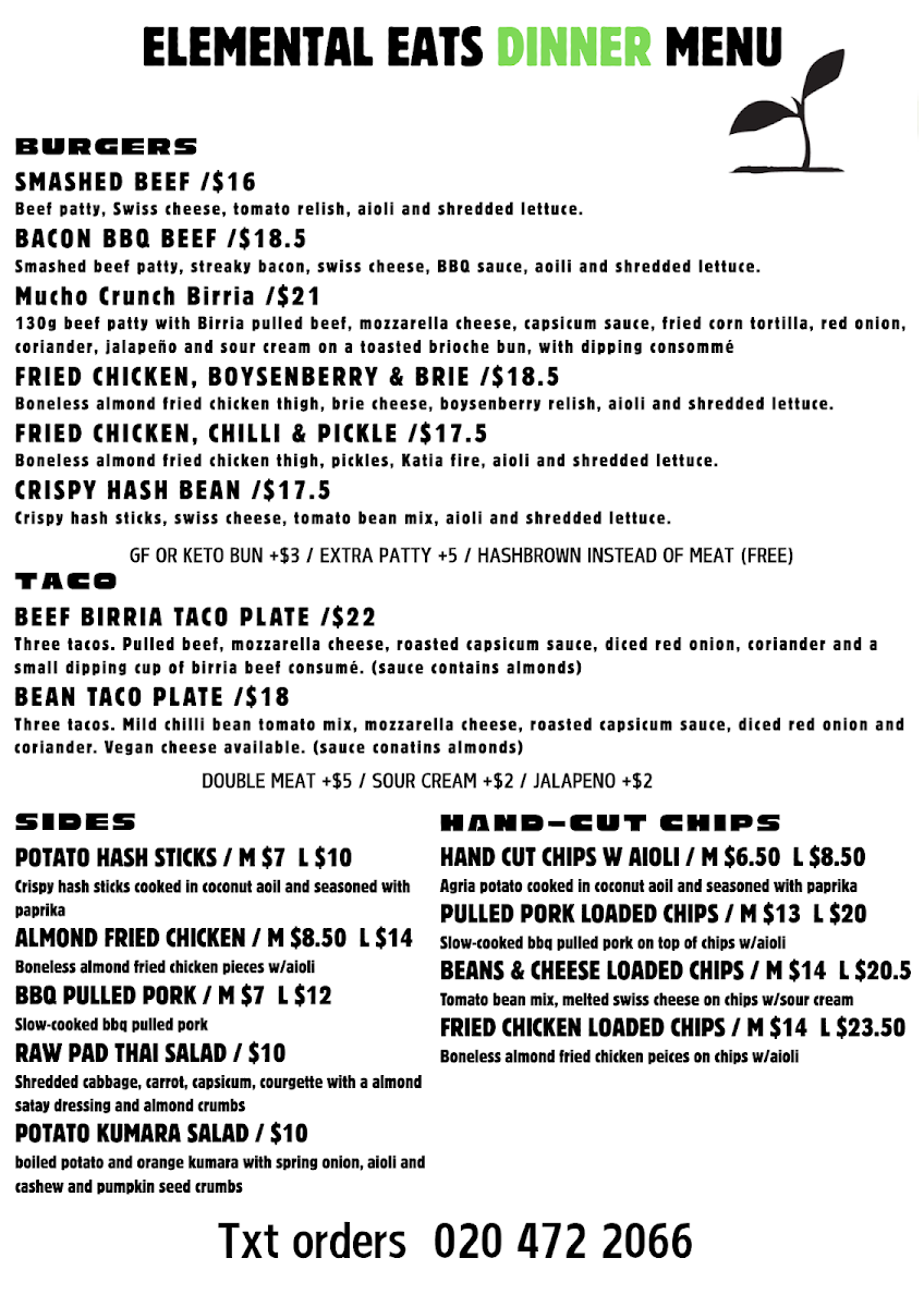 Elemental Eats menu board