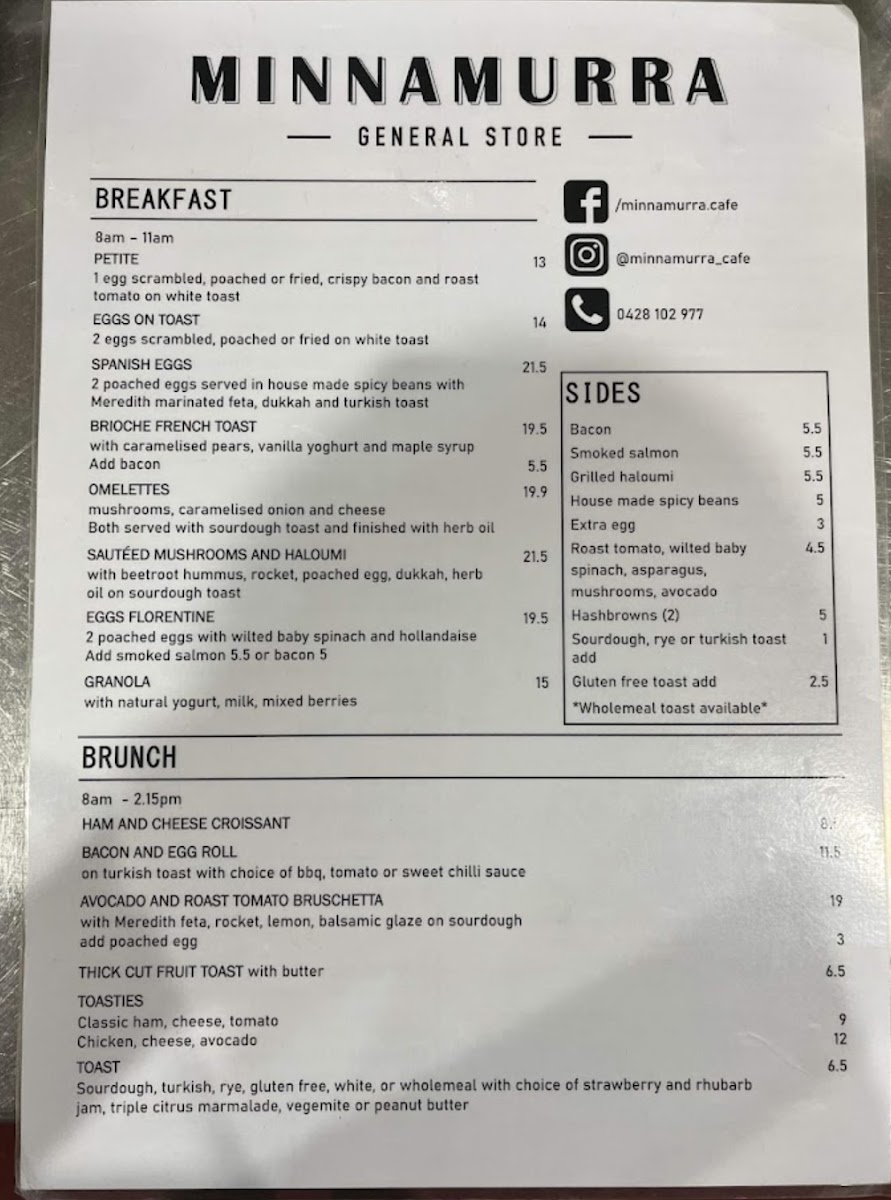 Minnamurra General Store & Cafe menu board