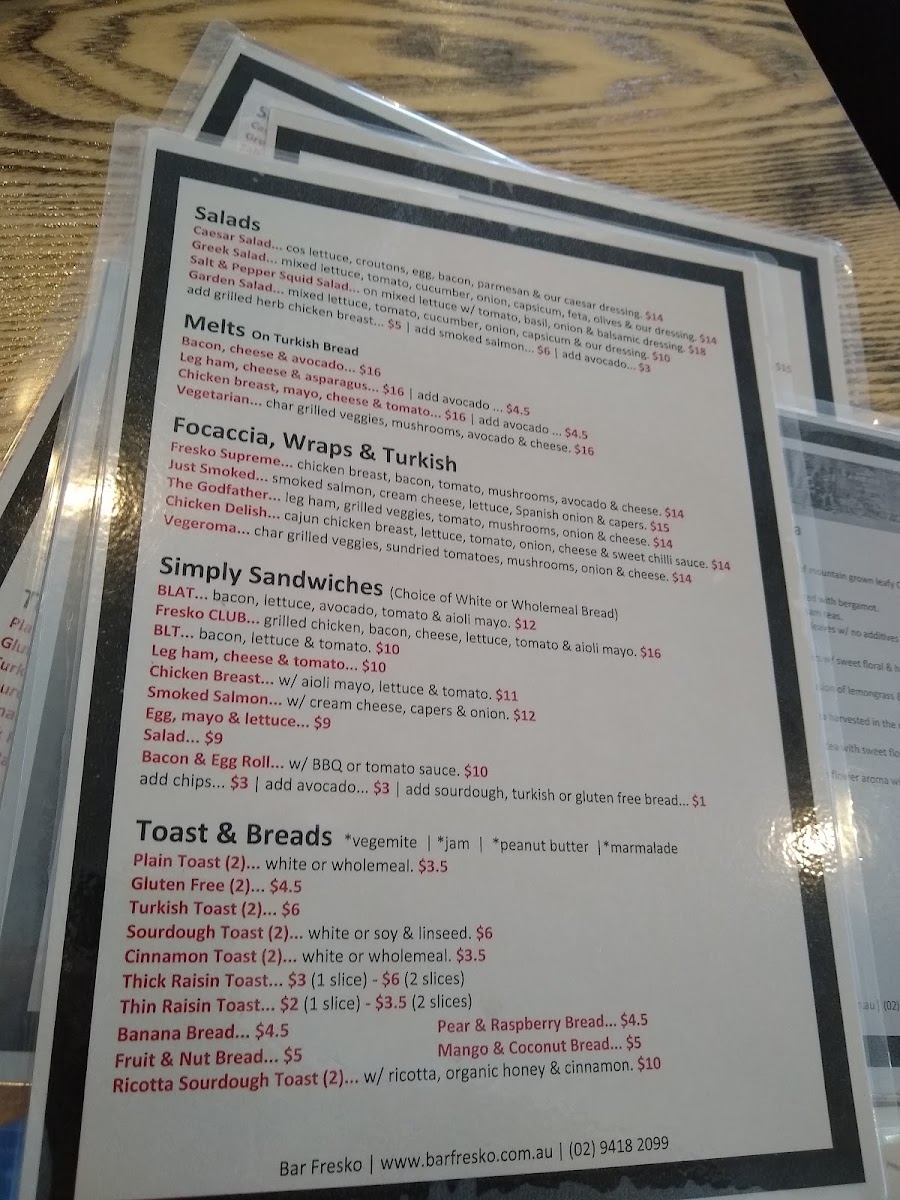 Bar Fresko Gordon menu board