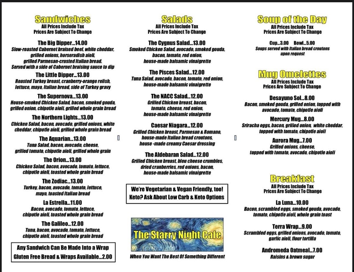 Starry Night Café menu board