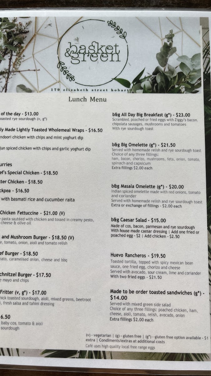 Basket & Green menu board