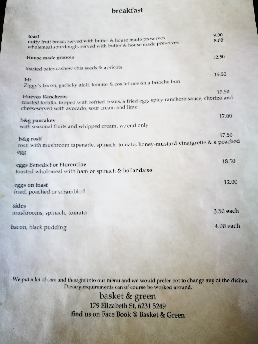 Basket & Green menu board