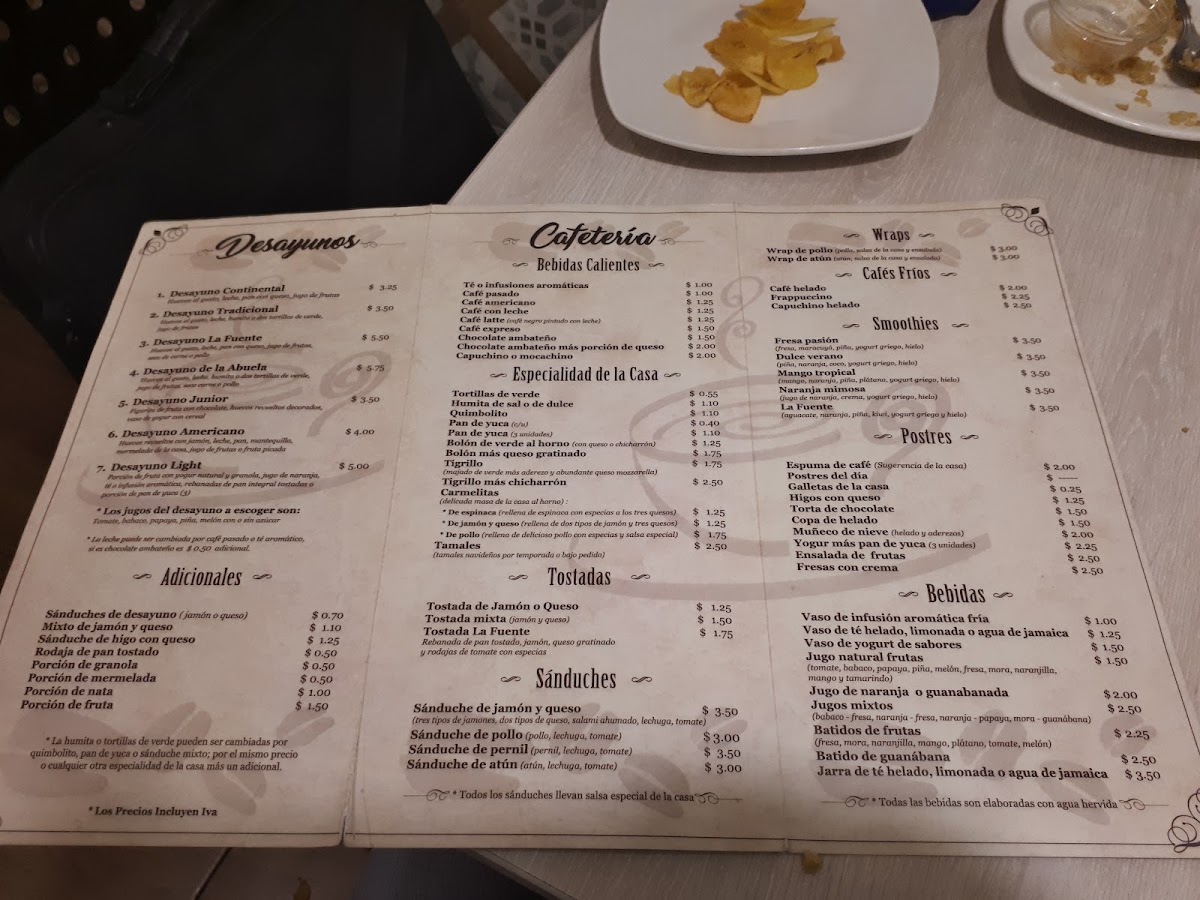 La Fuente & Cafetería menu board