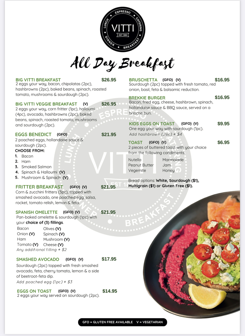Vitti Cafe on Gregory menu board