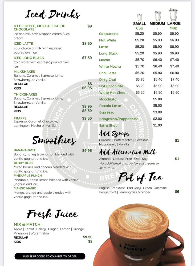 Vitti Cafe on Gregory menu board
