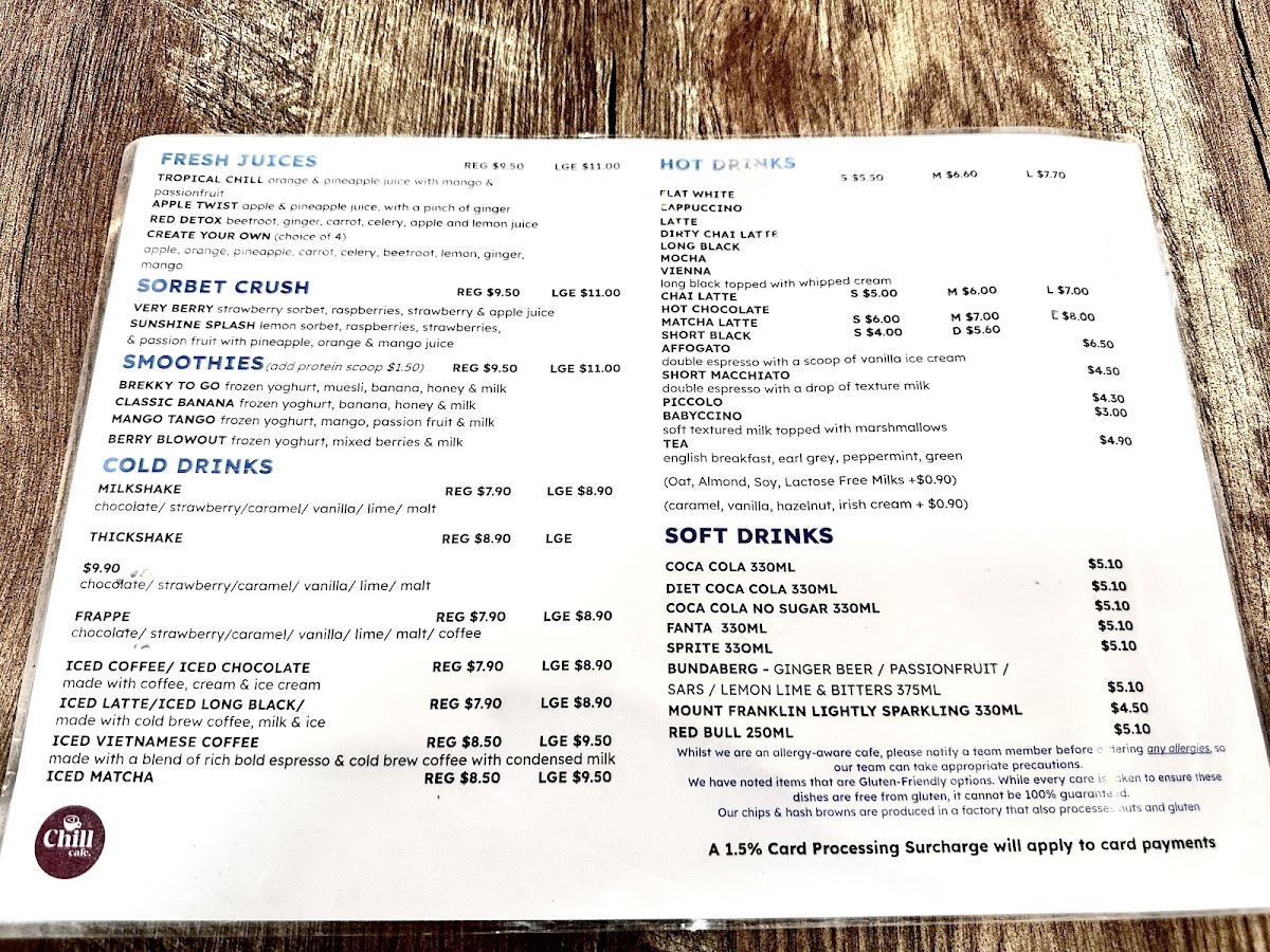 Chill Cafe Ayr menu board
