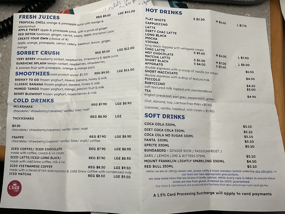 Chill Cafe Ayr menu board