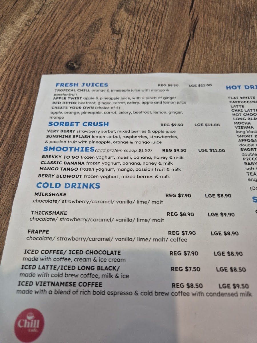 Chill Cafe Ayr menu board