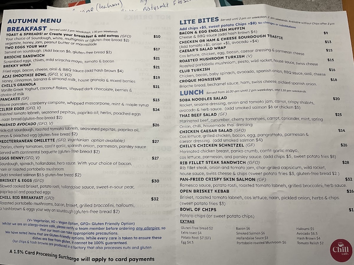 Chill Cafe Ayr menu board