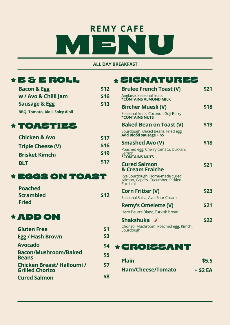 Remy Cafe & Bistro menu board