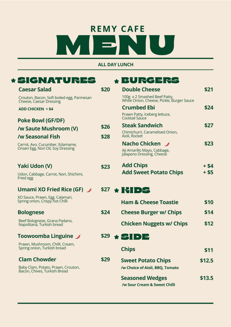 Remy Cafe & Bistro menu board