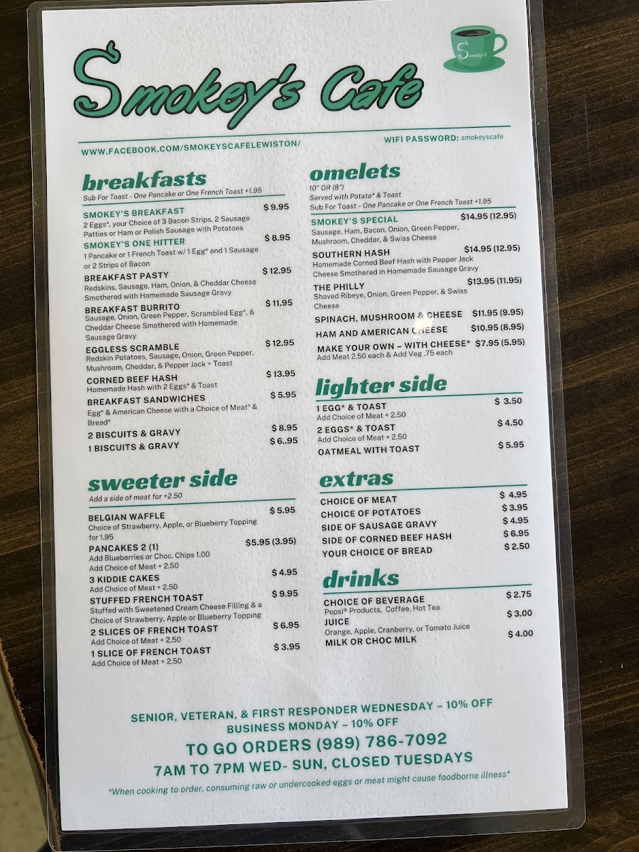 Smokey's Cafe menu board