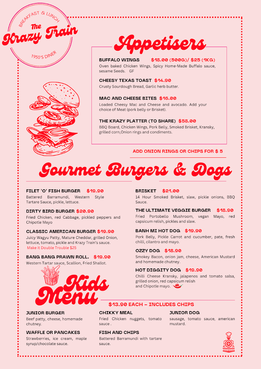 Krazy Train Diner menu board