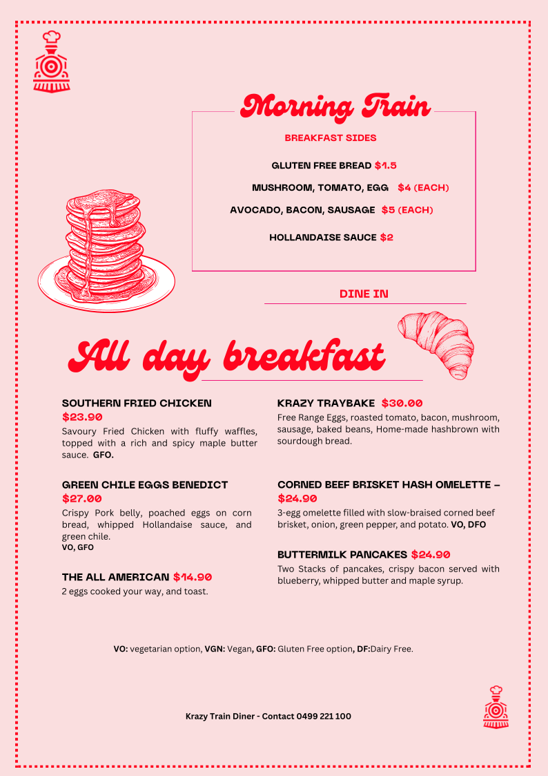 Krazy Train Diner menu board
