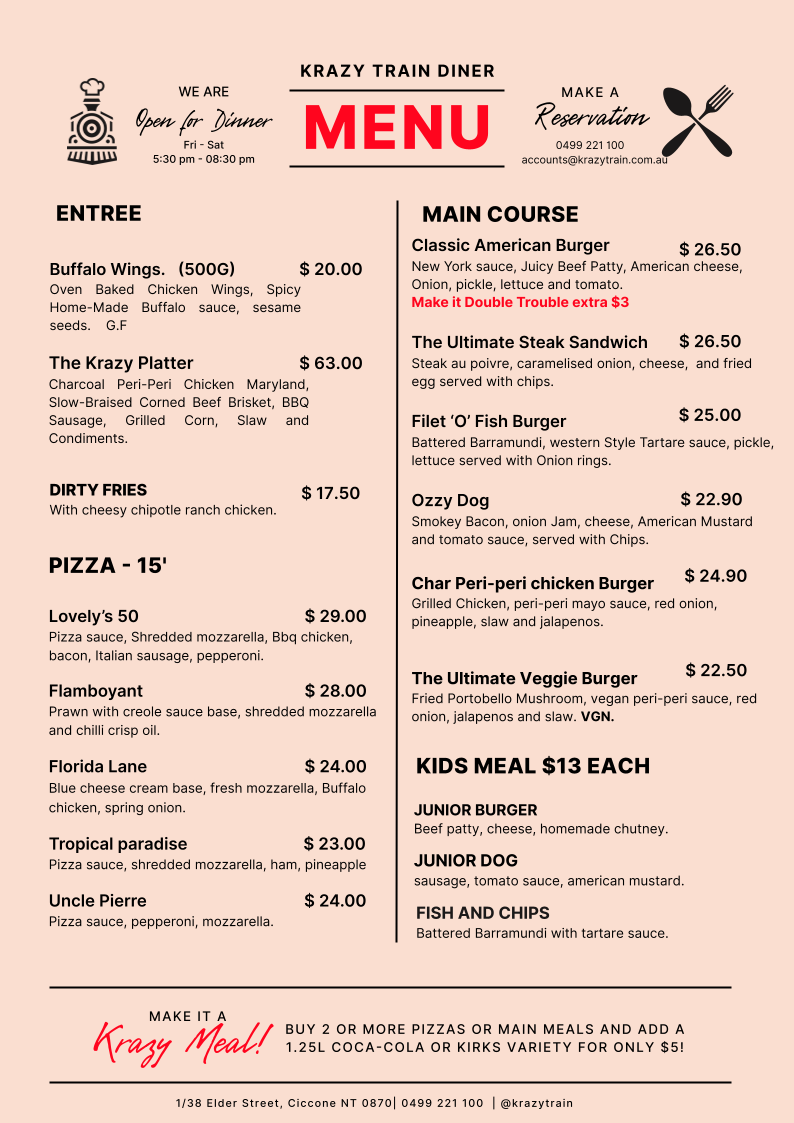 Krazy Train Diner menu board