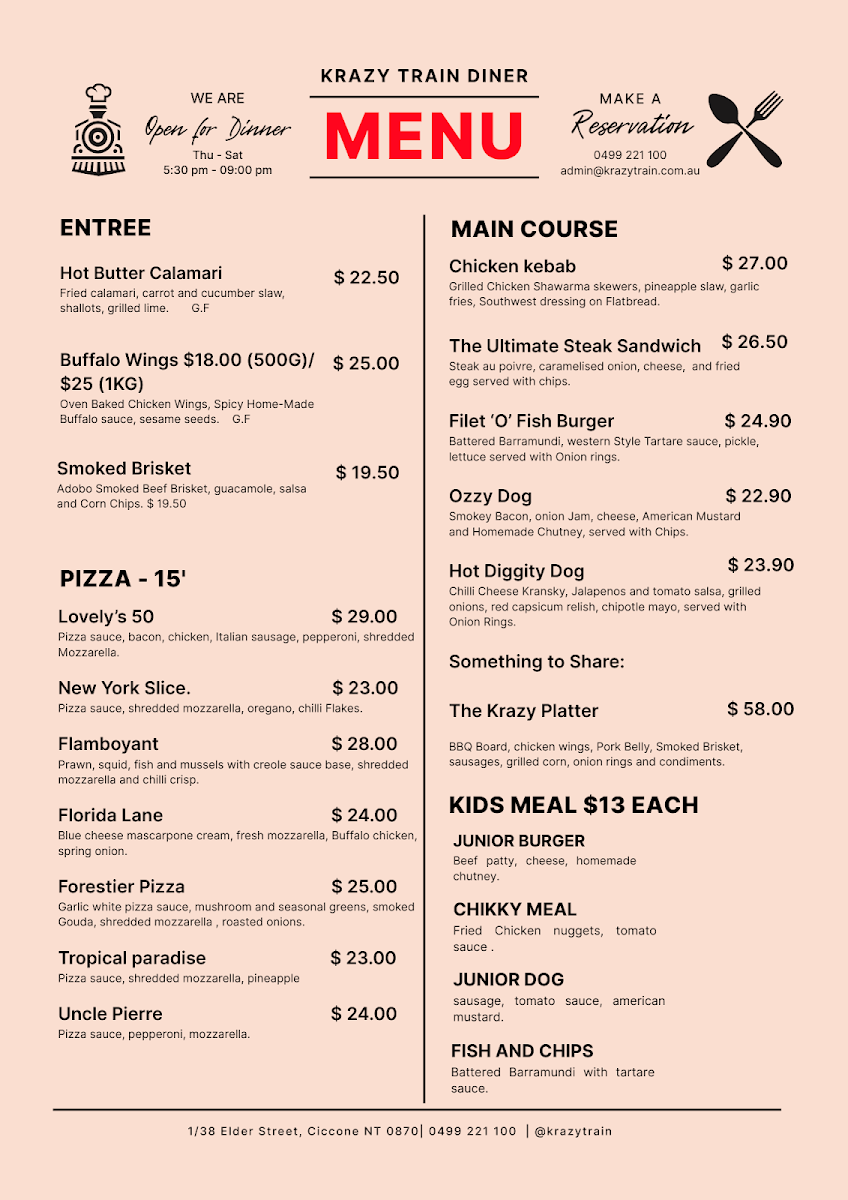 Krazy Train Diner menu board