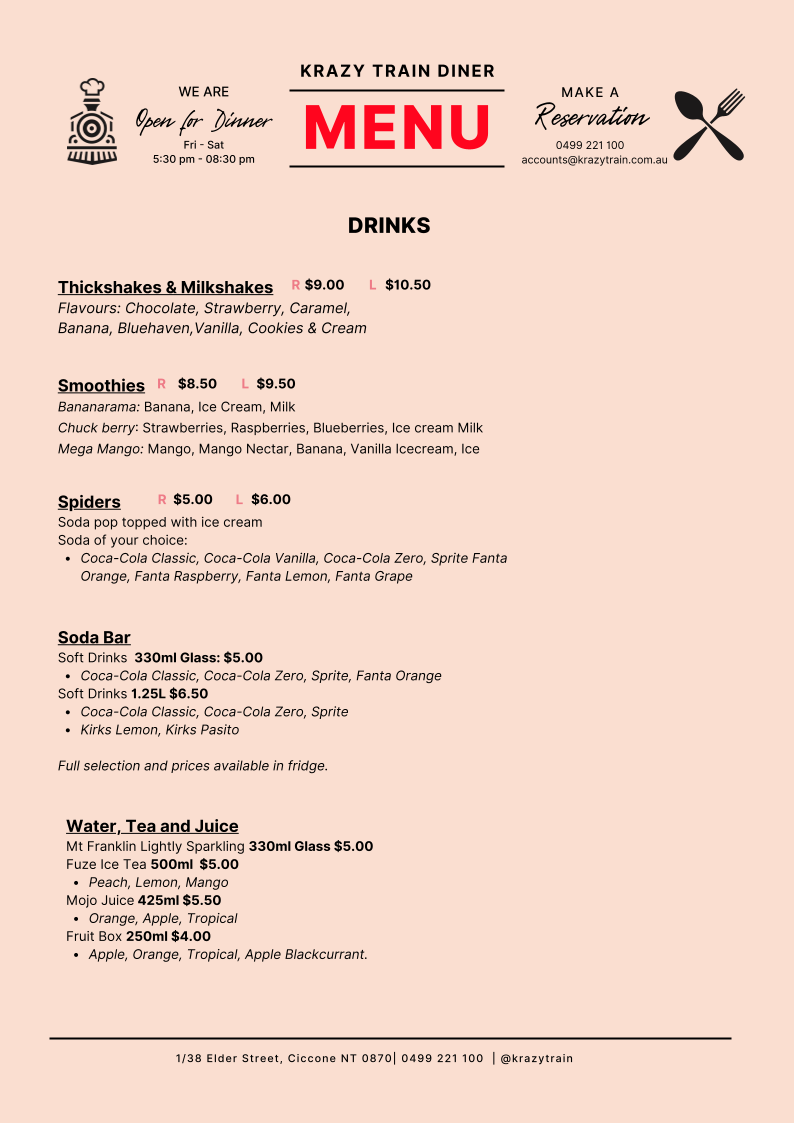 Krazy Train Diner menu board