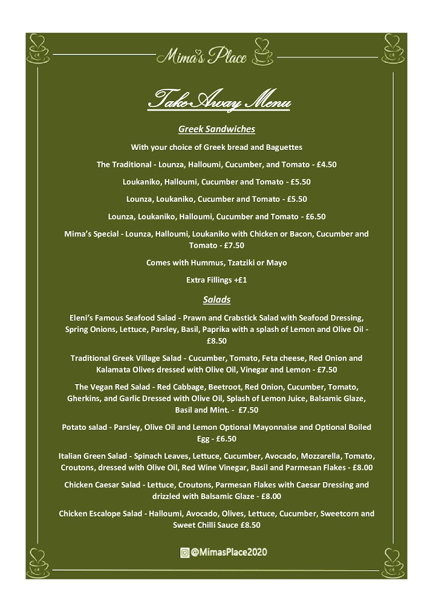 Mima's Place menu board