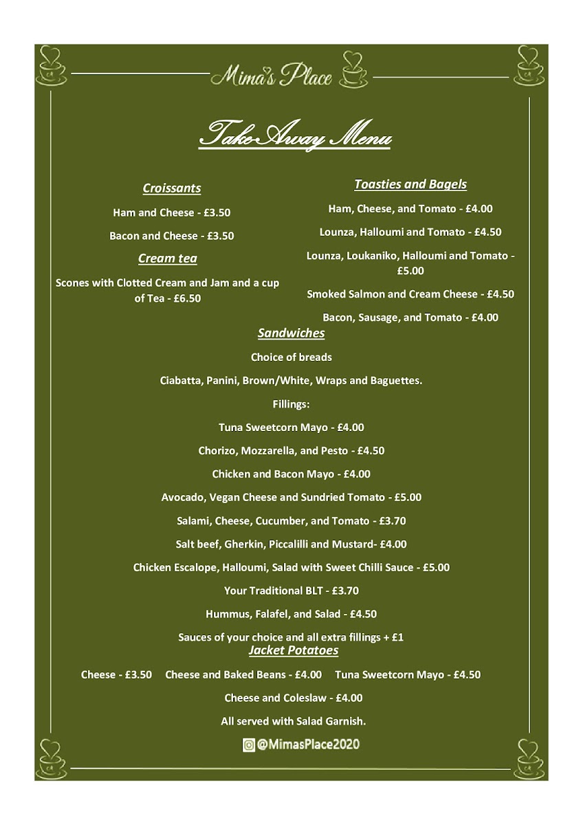 Mima's Place menu board