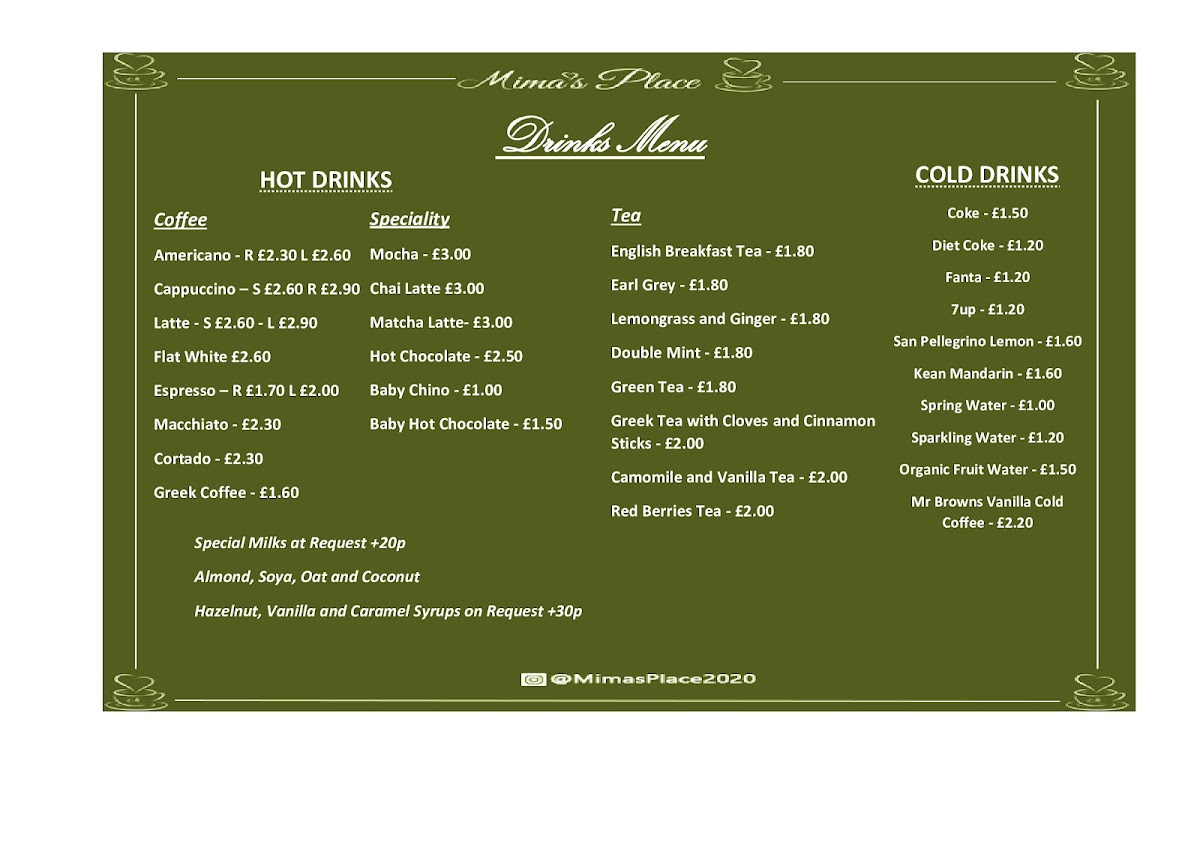 Mima's Place menu board