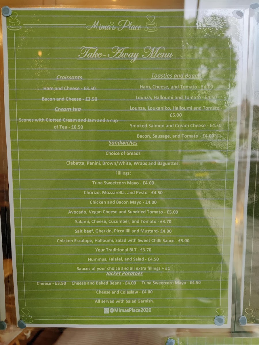 Mima's Place menu board