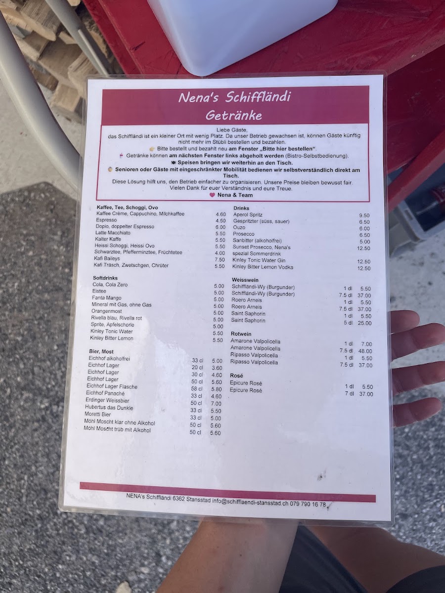 Nena's Schiffländi menu board