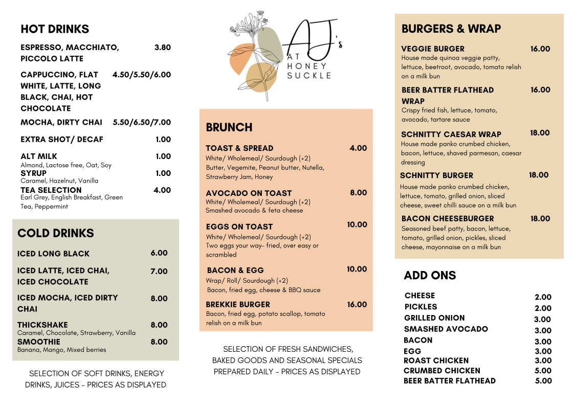 AJ’s at Honeysuckle menu board