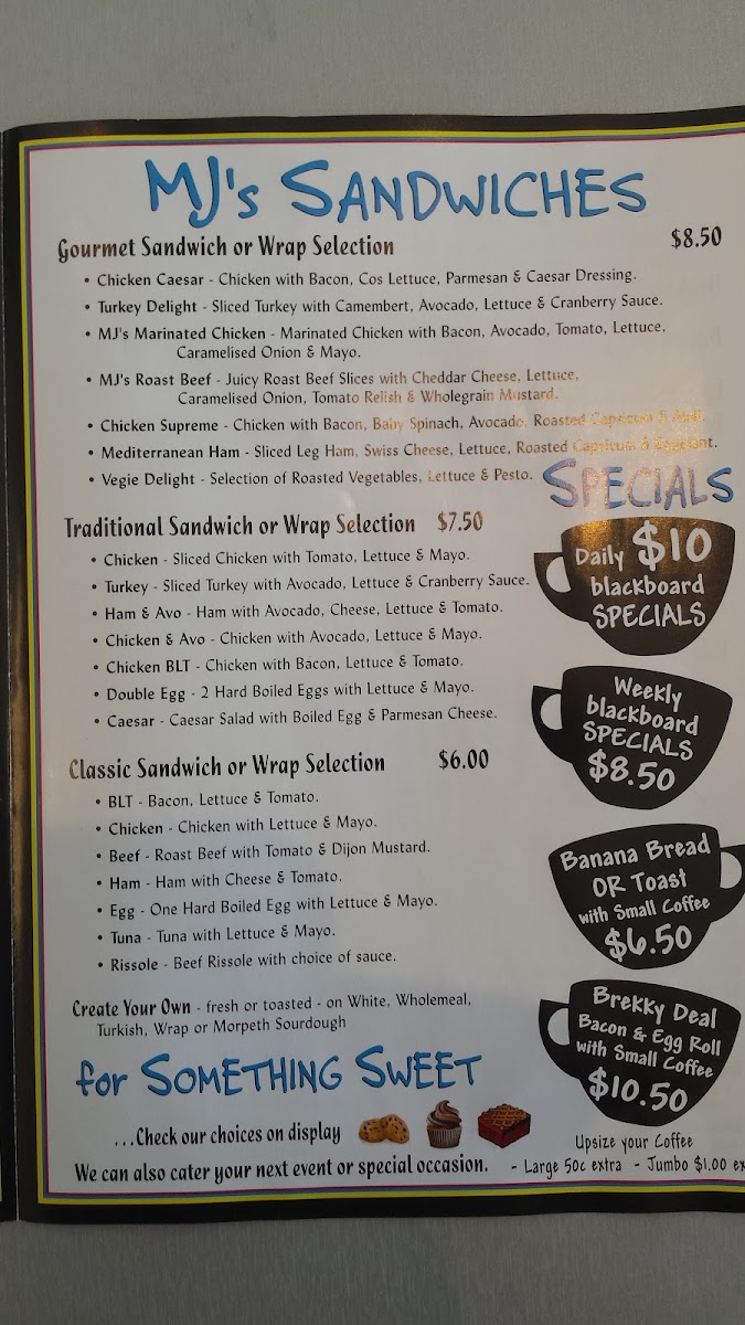 AJ’s at Honeysuckle menu board