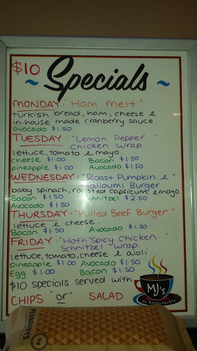 AJ’s at Honeysuckle menu board