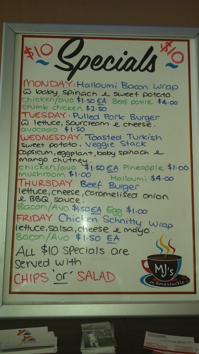 AJ’s at Honeysuckle menu board