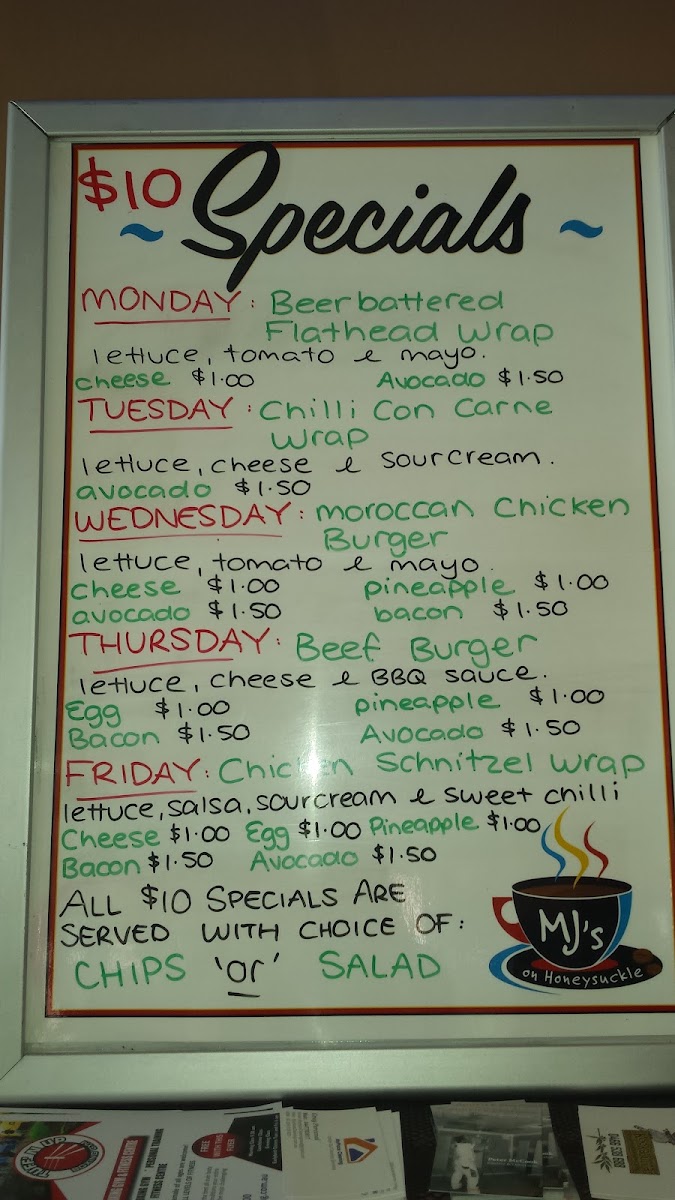 AJ’s at Honeysuckle menu board