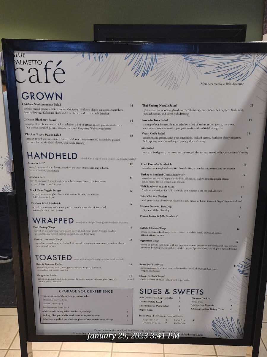 Blue Palmetto Cafe menu board