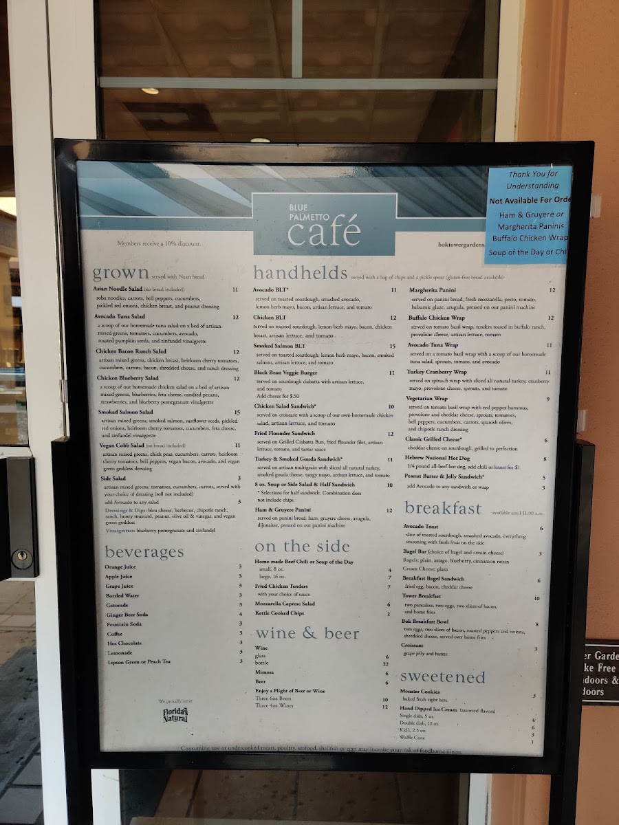Blue Palmetto Cafe menu board