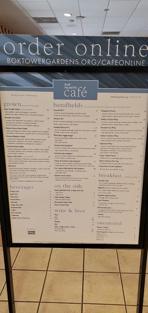 Blue Palmetto Cafe menu board