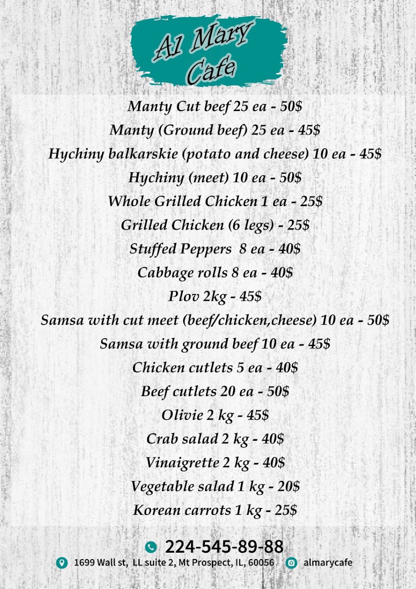Al Mary Cafe menu board