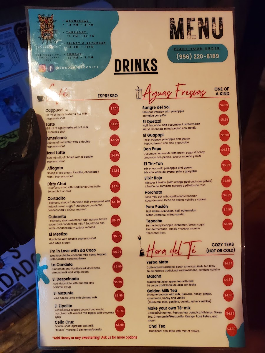 Los Olvidados Coffee Shoppe & Gallery menu board