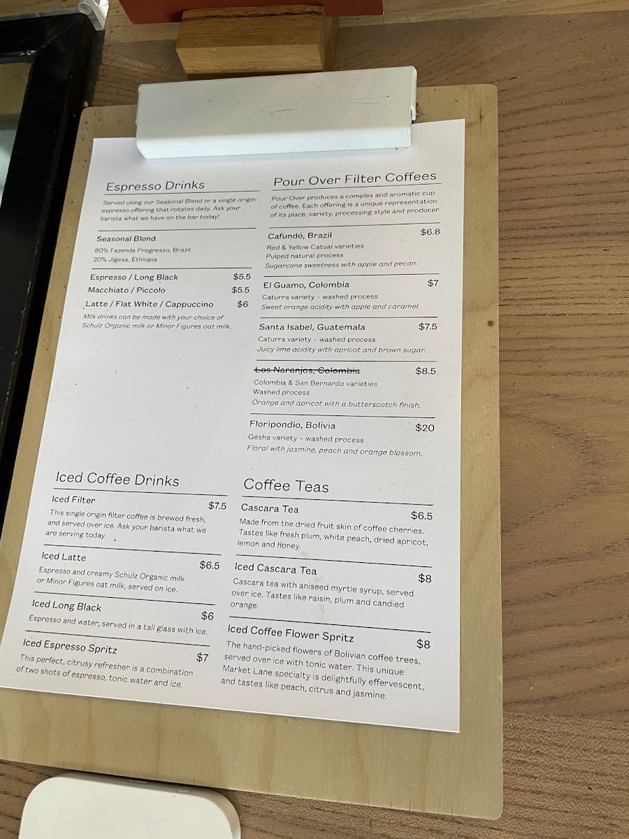 Market Lane Coffee - South Melbourne menu board