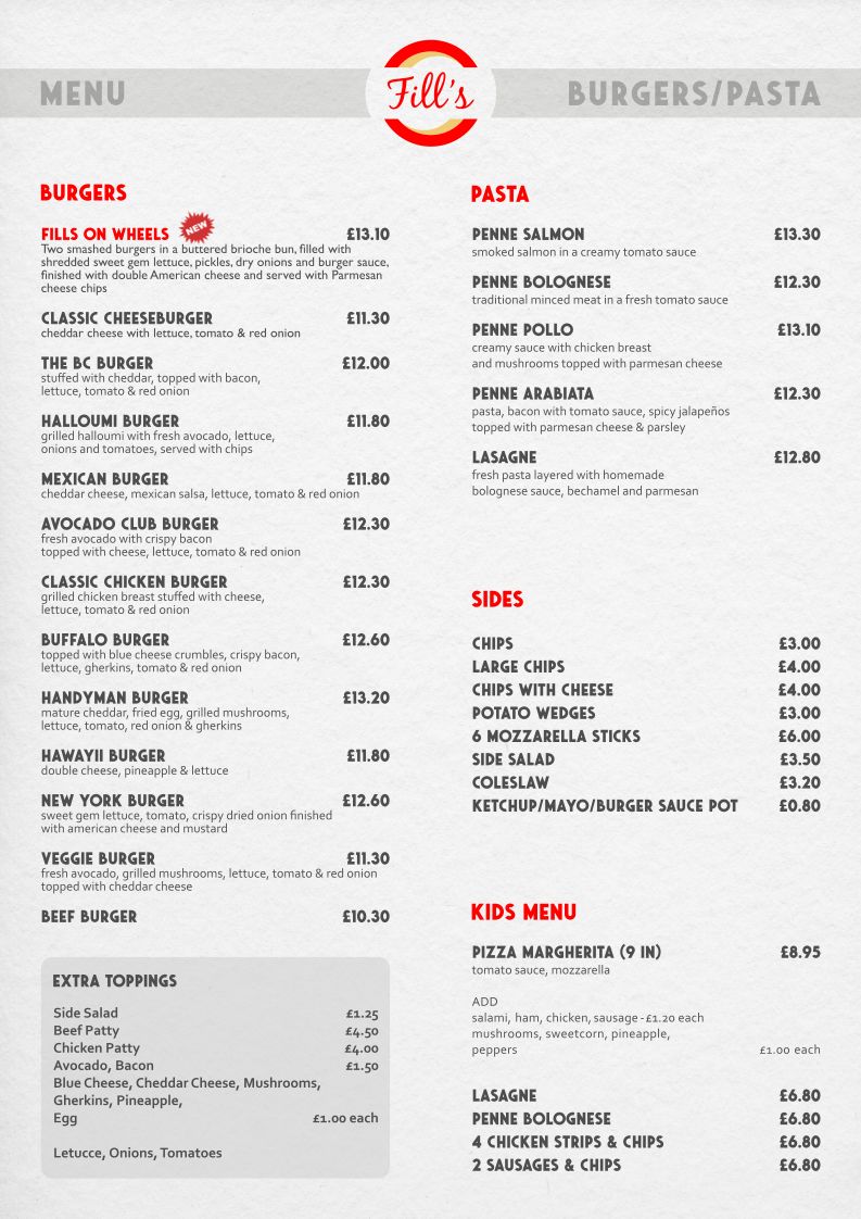 Fill's Café menu board