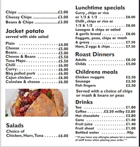 The Roadhouse Cafe menu board