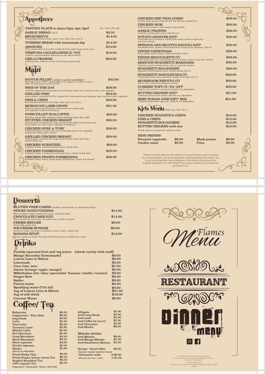 Flames Restaurant menu board