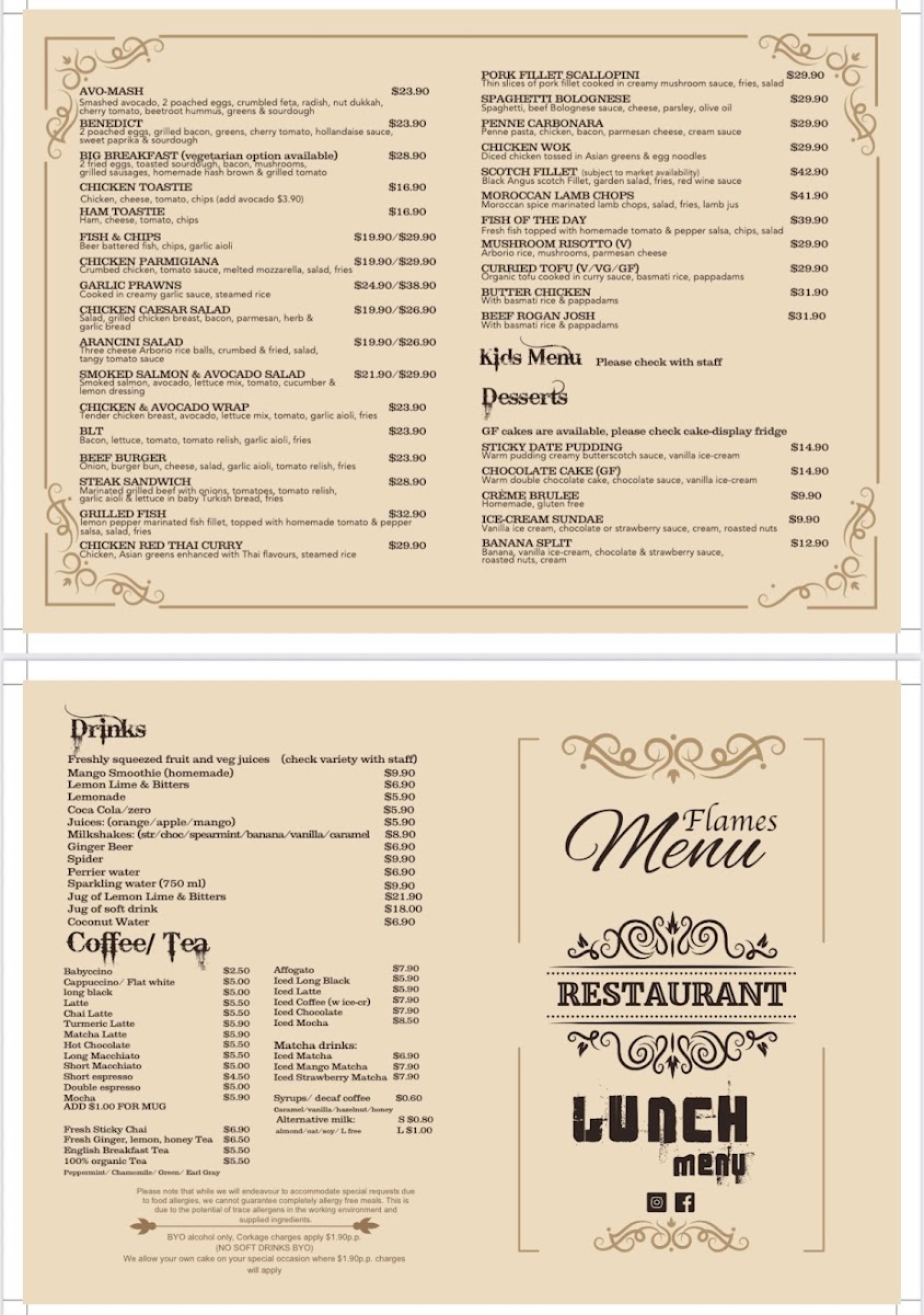 Flames Restaurant menu board