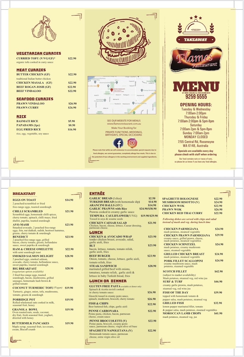 Flames Restaurant menu board
