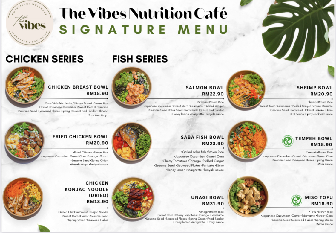 The Vibes Nutrition Cafe menu board