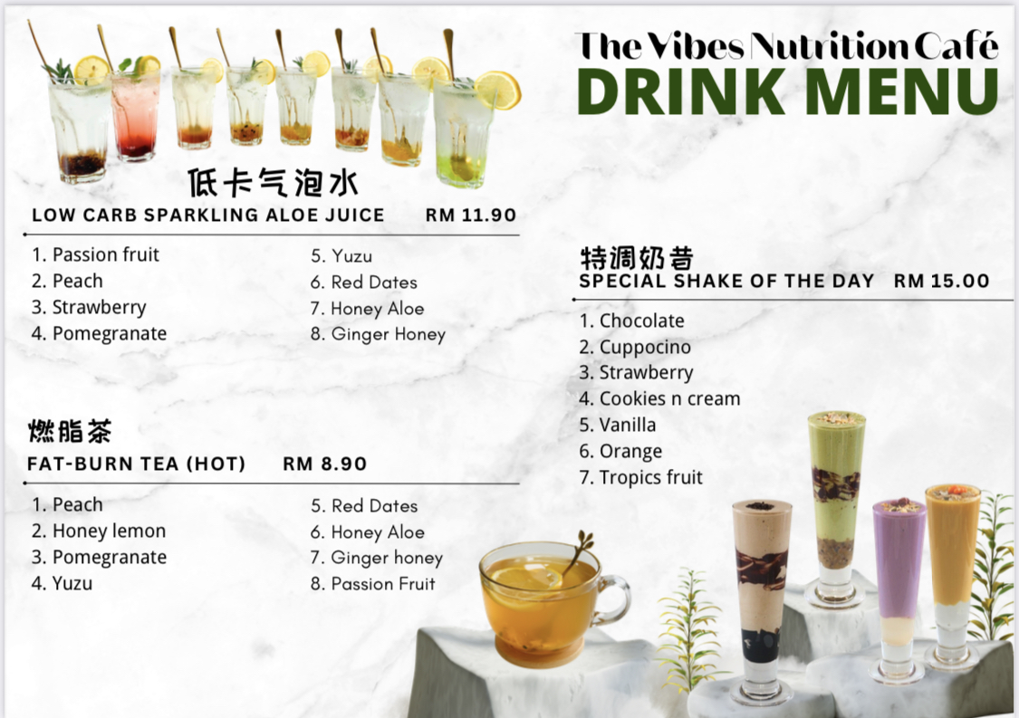 The Vibes Nutrition Cafe menu board