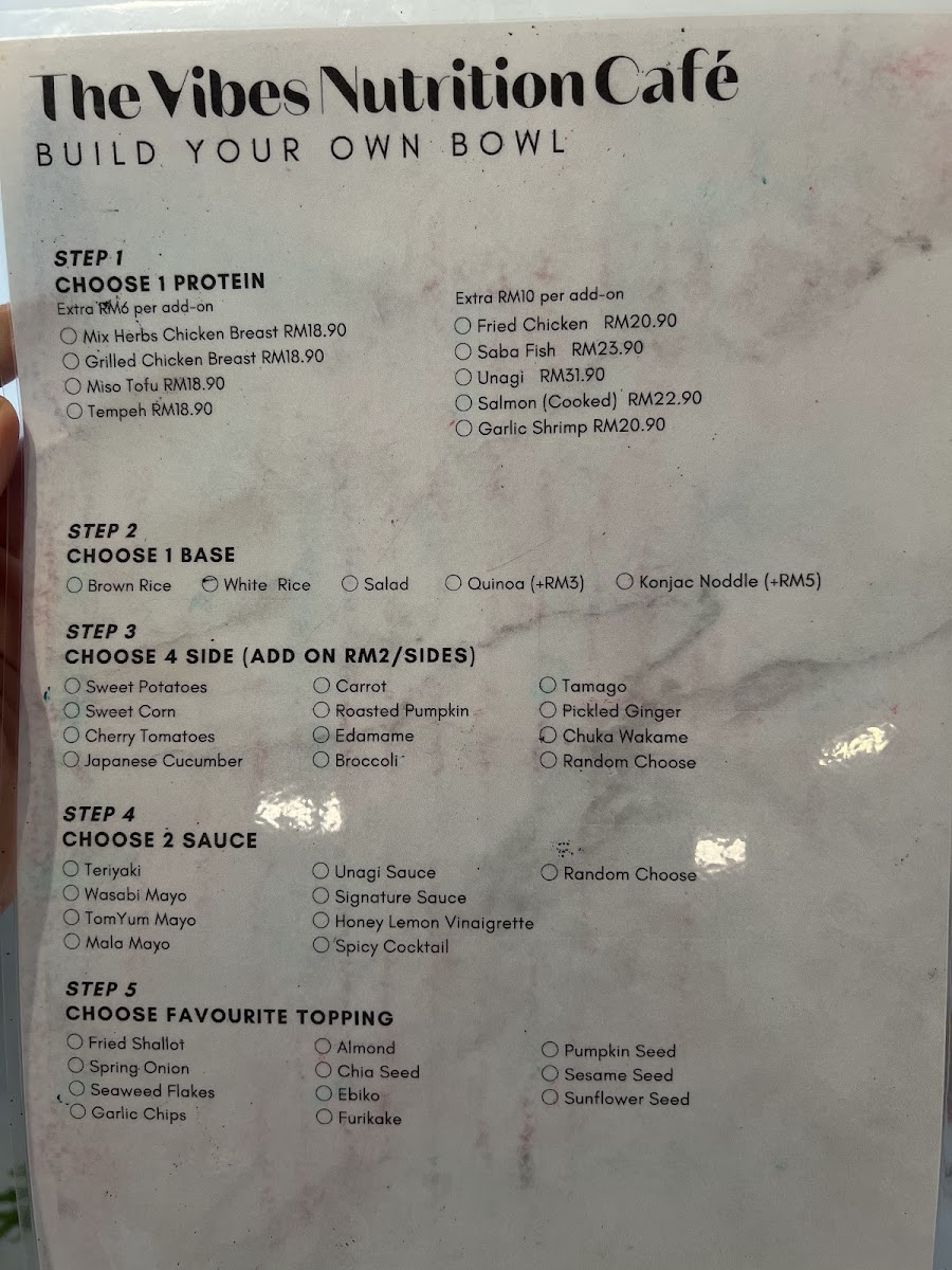 The Vibes Nutrition Cafe menu board