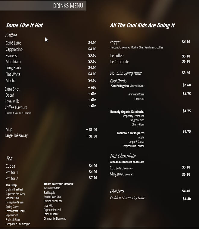 BTS Cafe menu board